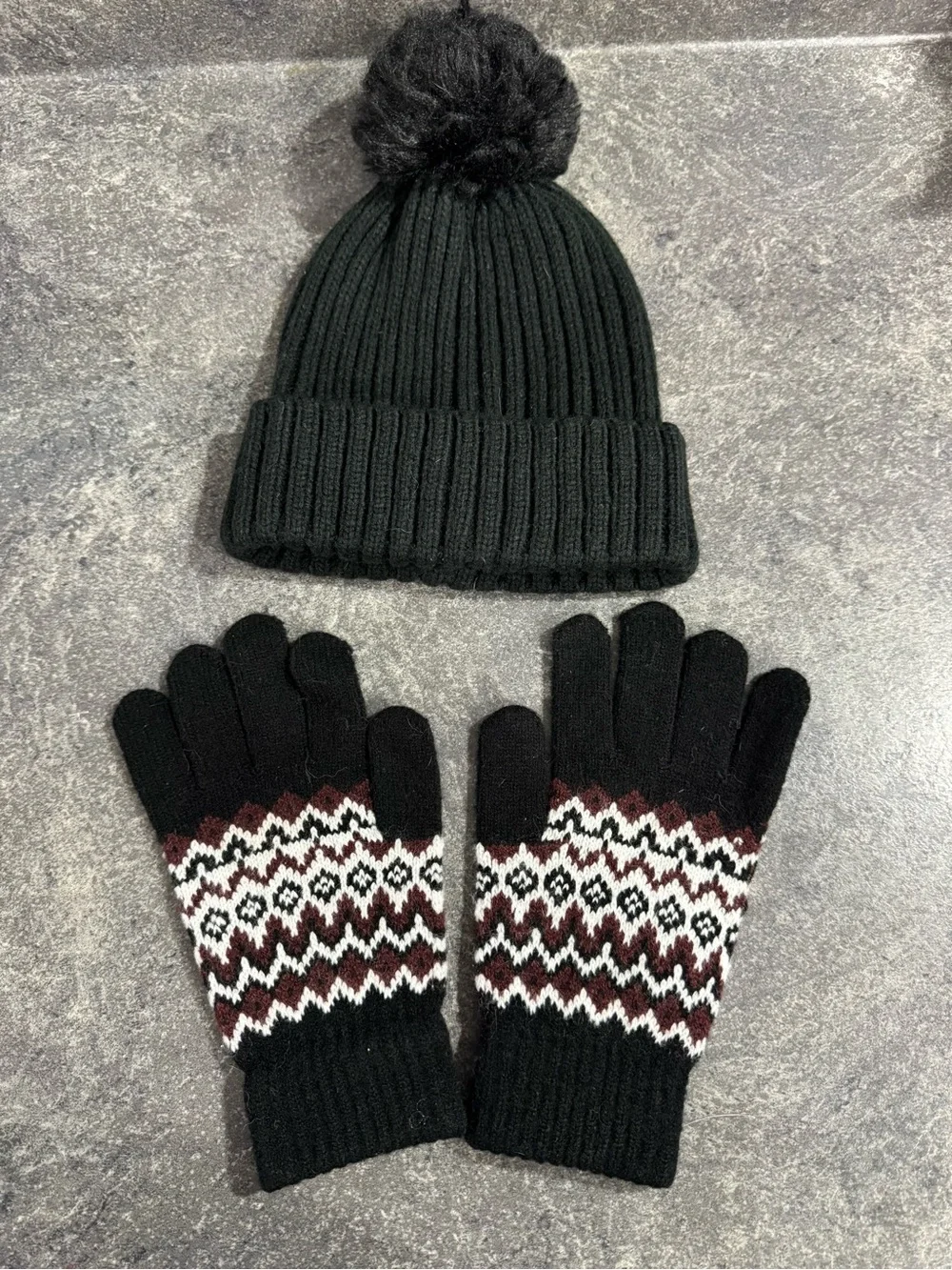 Black Pom Beanie with Patterned Black Knit Gloves - Women's Winter Set